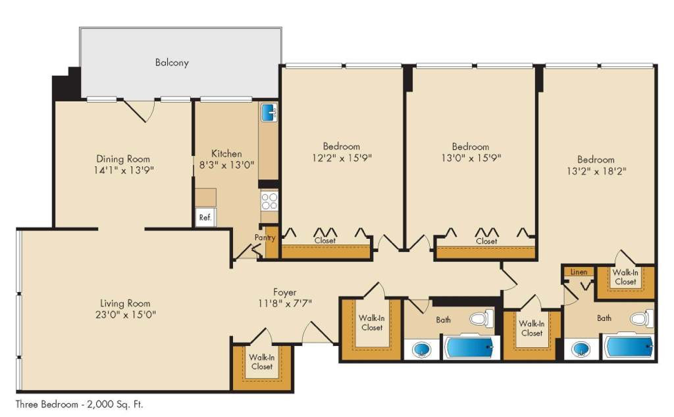 Floor plan for 3 beds, 2 baths, 2000 sqft